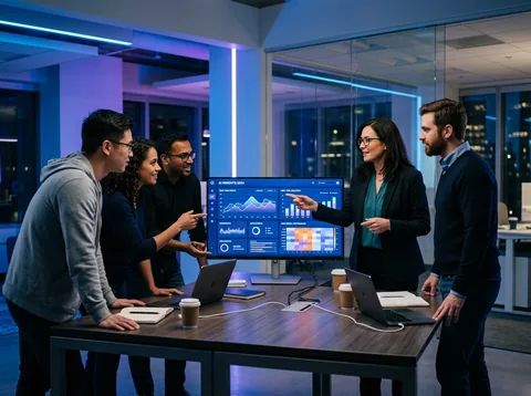 Business team reviewing AI analytics dashboard